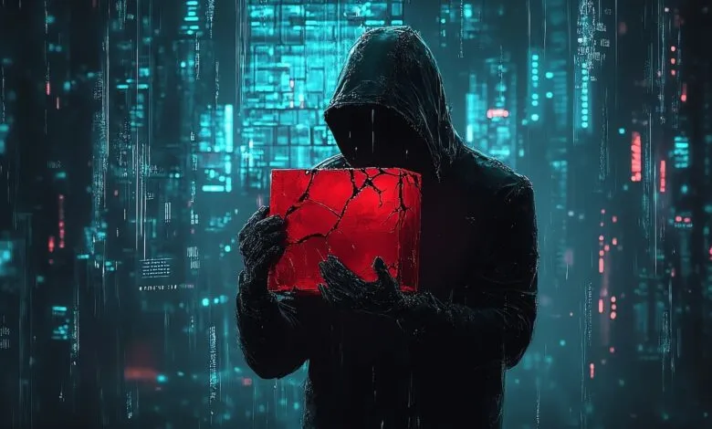 Hooded figure holding a cracked red cube against a futuristic city backdrop.