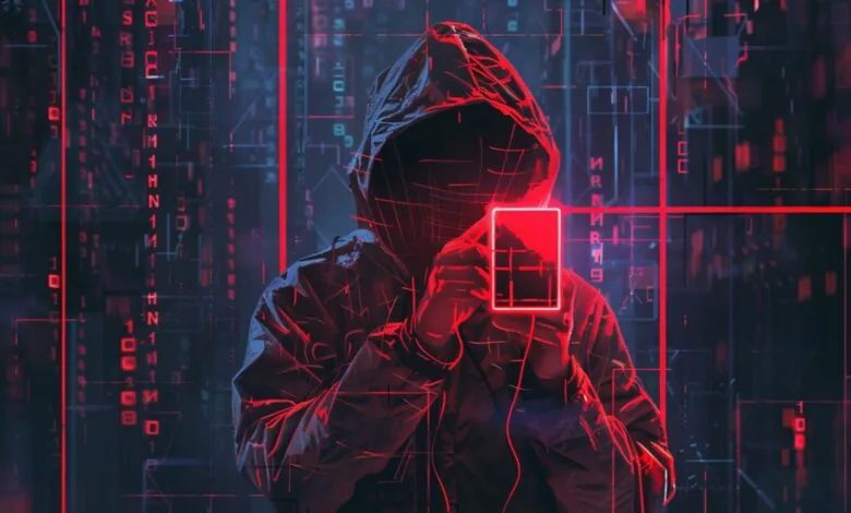 Hooded figure in front of a digital matrix of red code and lines.