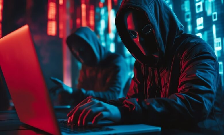 Two figures in hooded sweatshirts and masks working on laptops in a dark room with digital code displayed.