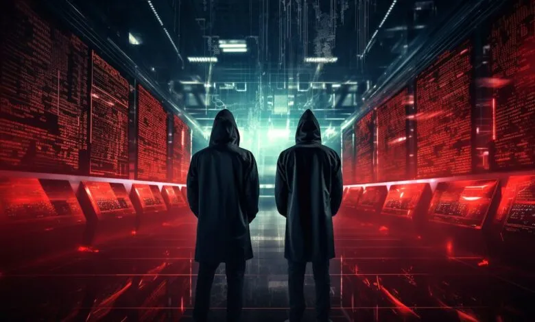Two figures in black hoodies stand in a server room with red glowing screens.