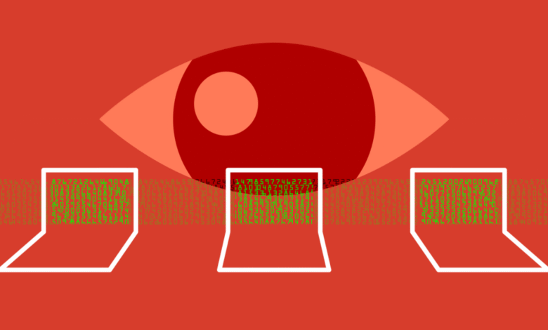 Stylized eye overlooking three laptops displaying green binary code on a red background.