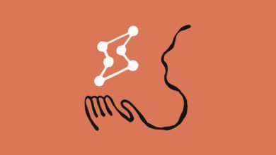 Abstract illustration of a hand holding a network of white dots on a coral background.