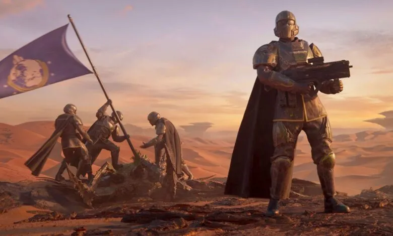 Sci-fi soldiers planting a flag on a desert planet at sunset.