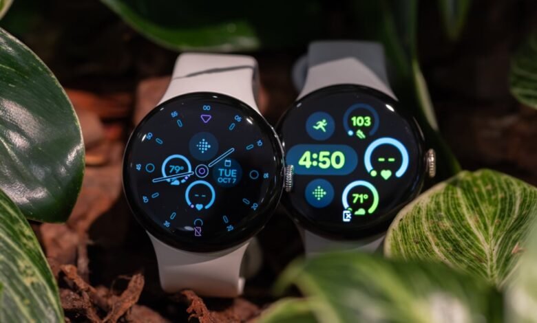 Two smartwatches with colorful digital displays surrounded by lush green leaves and dark soil.