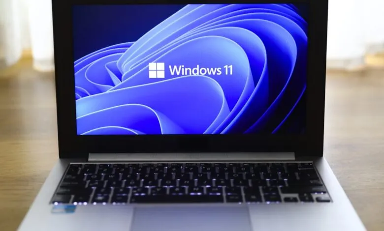 Laptop displaying the Windows 11 logo and wallpaper.