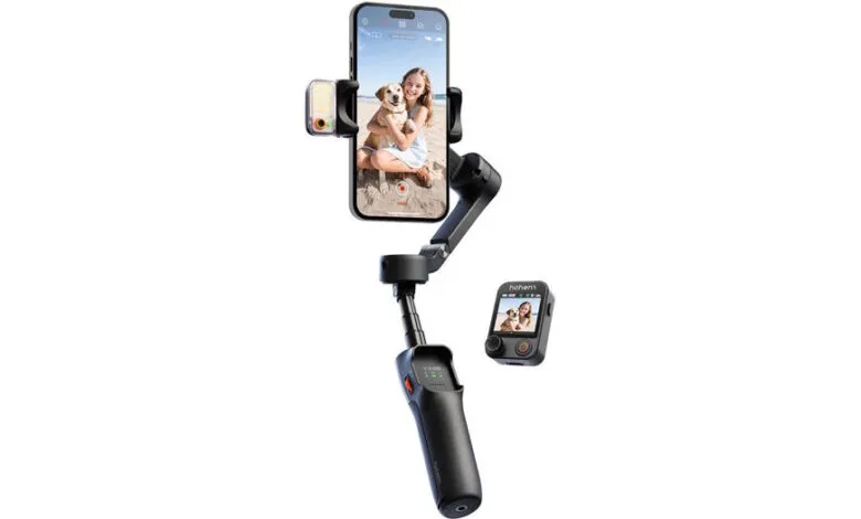Black smartphone gimbal stabilizer with a phone displaying a girl and dog, and a small screen.