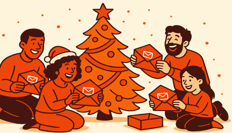Family exchanging holiday greeting cards near a decorated Christmas tree.