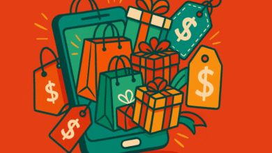 Illustration of a smartphone overflowing with shopping bags, gift boxes, and price tags.