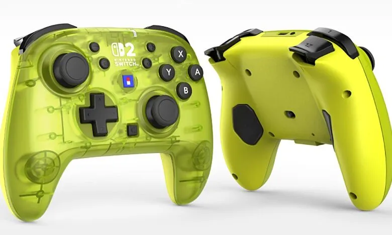 Transparent neon yellow Nintendo Switch controller shown from front and back.