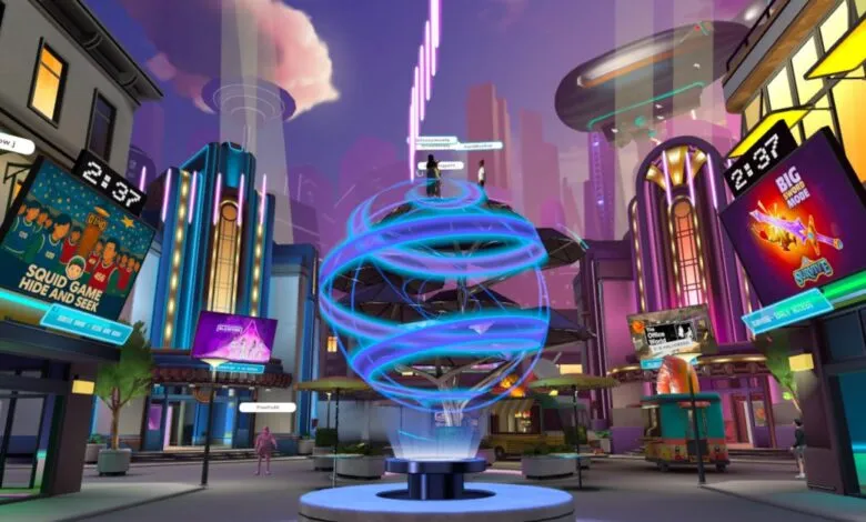 A vibrant metaverse city street with digital billboards and avatars.