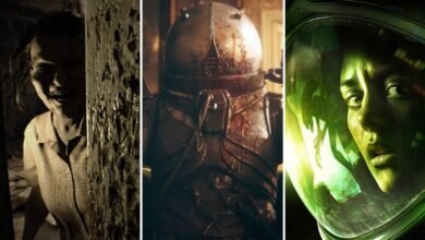 Collage of three horror game scenes: a creepy woman, a bloody armored figure, and an astronaut in a green helmet.