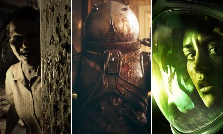 Collage of three horror game scenes: a creepy woman, a bloody armored figure, and an astronaut in a green helmet.