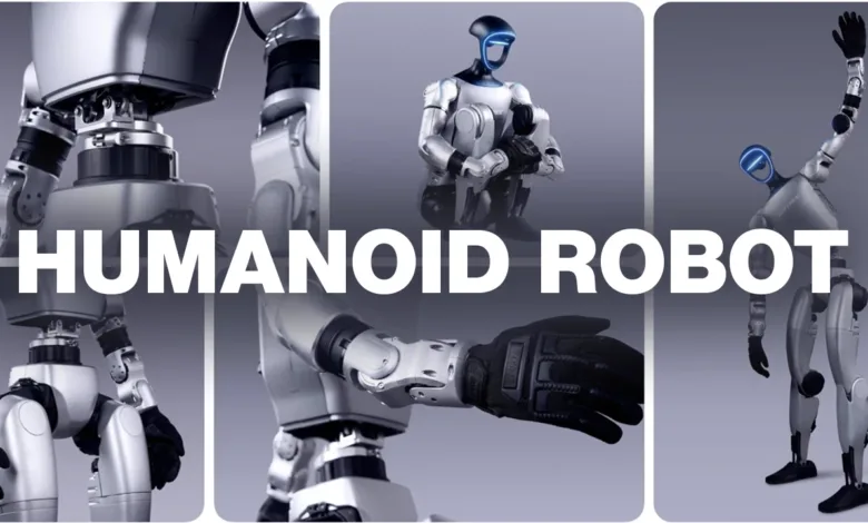 Collage of a futuristic humanoid robot in various poses, showcasing its mechanical joints and design.