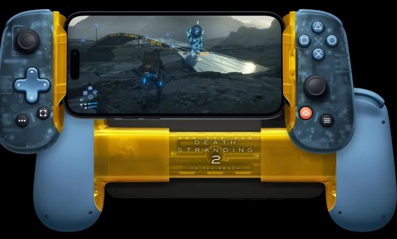 Smartphone gaming controller with Death Stranding 2 gameplay displayed