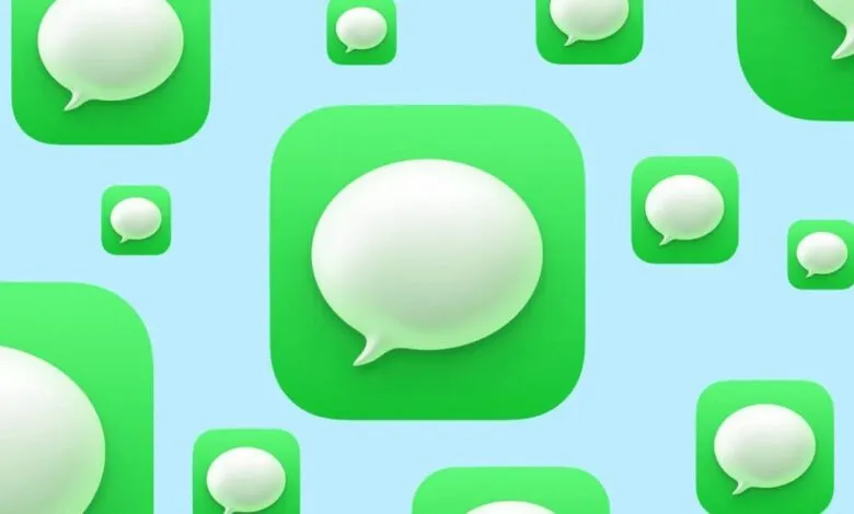 Pattern of green iMessage app icons with white speech bubbles on a light blue background.