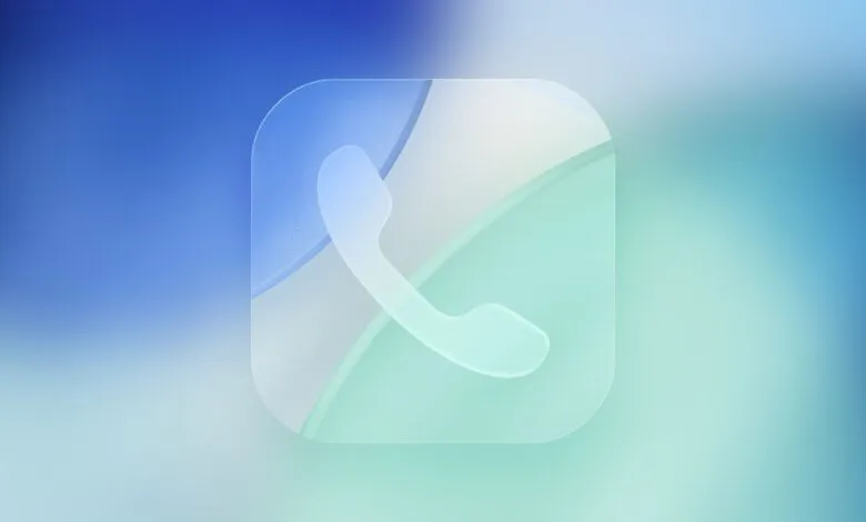 A frosted glass icon of a phone receiver on a gradient background.
