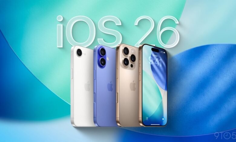 Four iPhones lined up, showcasing iOS 26 interface on the newest model.