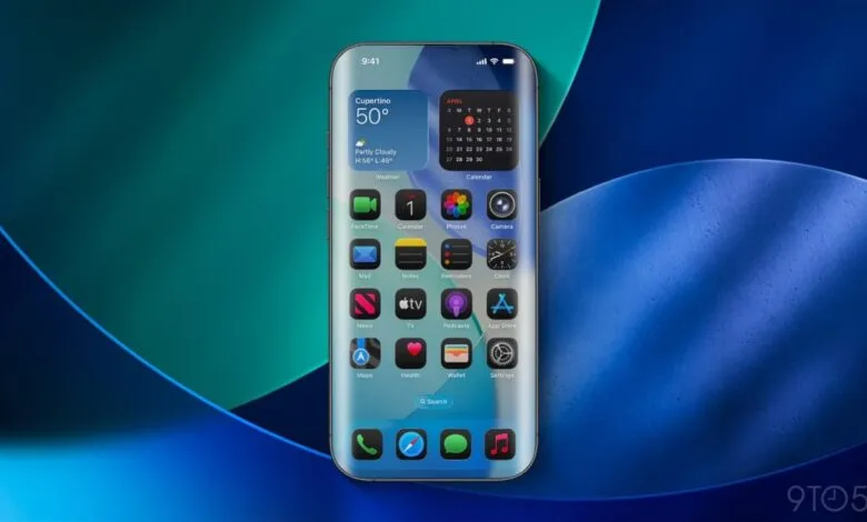 Mockup of an iPhone displaying iOS 26 with app icons and widgets.