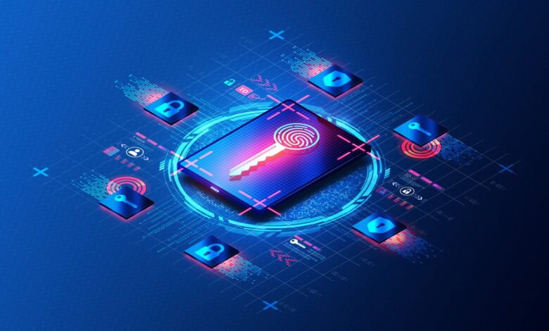 Digital key with fingerprint on a tablet, surrounded by locks and data streams.