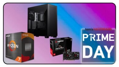 Computer components including a PC case, AMD Ryzen 7 CPU, and PowerColor graphics card.