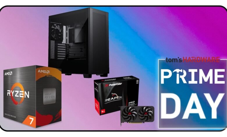 Computer components including a PC case, AMD Ryzen 7 CPU, and PowerColor graphics card.