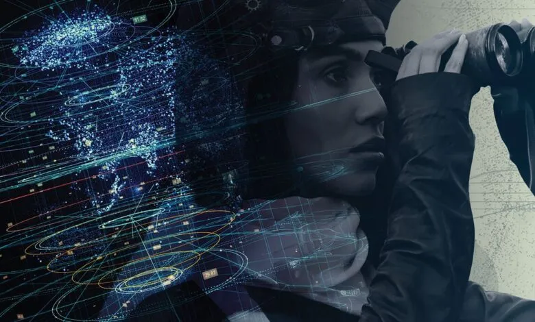 Woman looking through binoculars at a digital representation of the Earth with data streams.