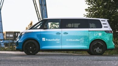 Side view of a white and blue electric van with Fraunhofer IDMT and KI4BoardNet branding.