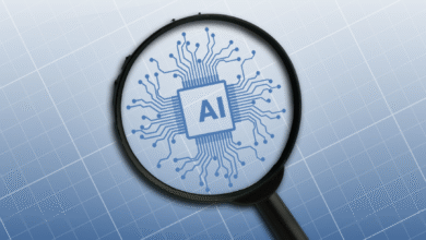 Magnifying glass over a blue AI chip with circuit board connections.