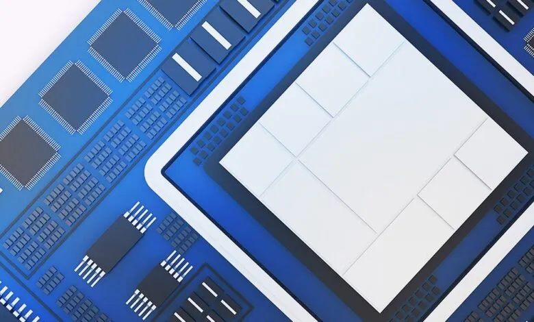 Close-up of a blue circuit board with intricate patterns and square chips.