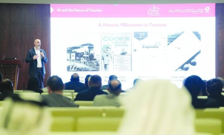 Speaker presenting on AI and the future of tourism with historical milestones on screen.