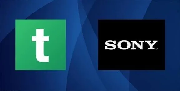 Tumblr logo in green square next to Sony logo in black square.