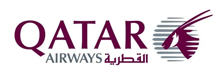 Qatar Airways logo featuring the airline name and a stylized Oryx emblem.