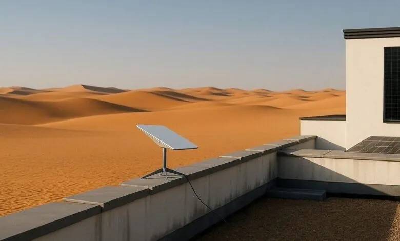 Starlink satellite dish on a rooftop overlooking sand dunes under a clear sky.