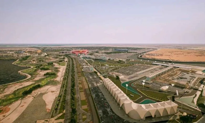 Aerial view of Yas Marina Circuit and Ferrari World theme park in Abu Dhabi.