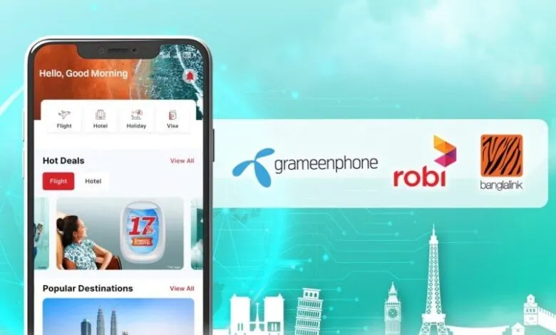 Smartphone displaying a travel app with flight and hotel deals, alongside telecom logos.