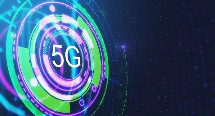 Futuristic 5G network interface with glowing neon rings and digital data.