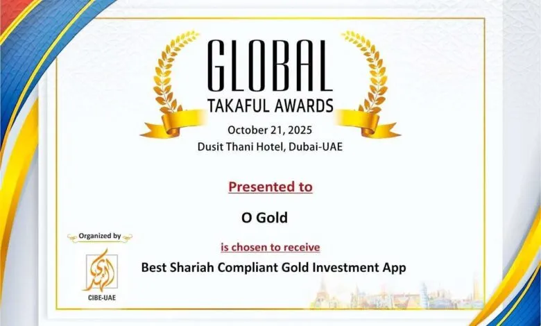 Certificate for Global Takaful Awards presented to O Gold for Best Shariah Compliant Gold Investment App.