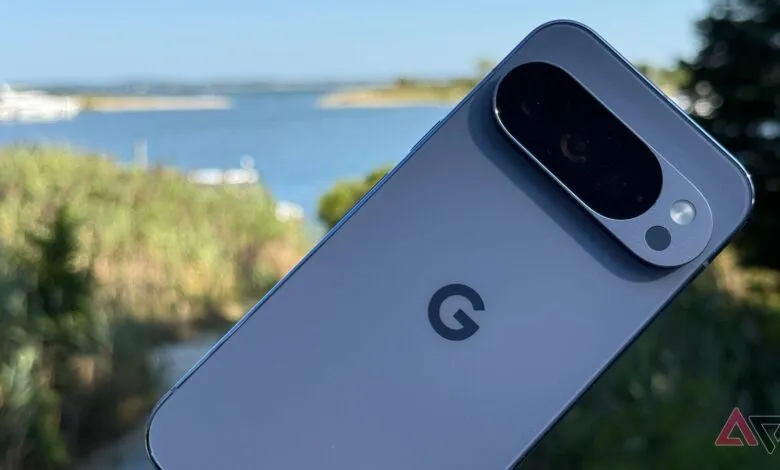 Close-up of the back of a Google Pixel phone with a blue-gray finish.