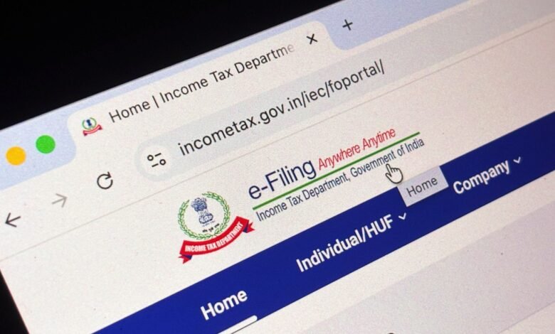 Close-up of a computer screen showing the Indian Income Tax Department's e-Filing portal.