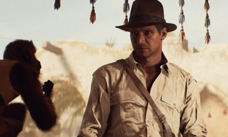 Harrison Ford as Indiana Jones in a tan shirt and fedora, with a monkey in the foreground.