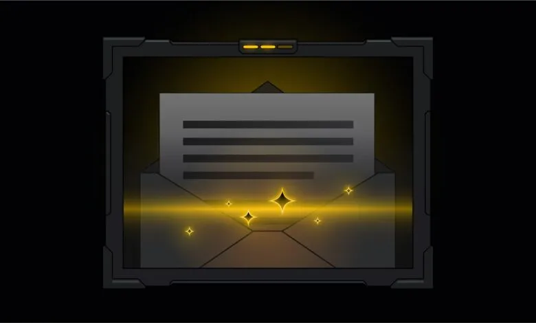 Digital illustration of a secure email envelope with a document inside, glowing with golden light.