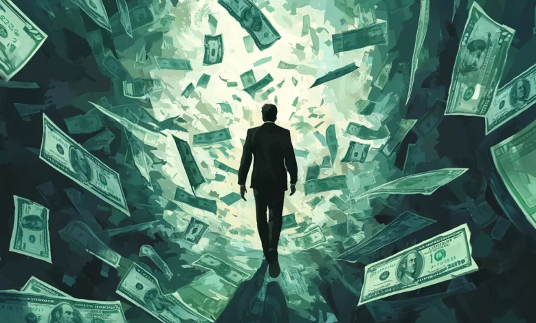 Silhouette of a man in a suit walking through falling US dollar bills.