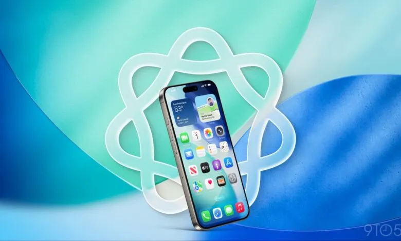 iPhone displaying iOS 17 interface with Apple Intelligence branding.