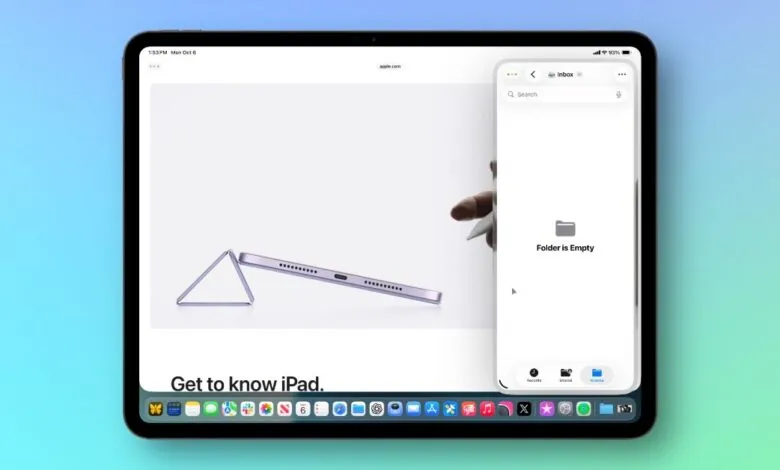 iPad Pro displaying Apple's website with a slide-over email app.