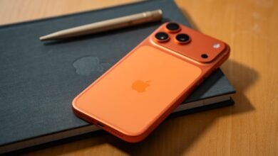 An orange iPhone with a triple-lens camera rests on a dark notebook next to a pen.