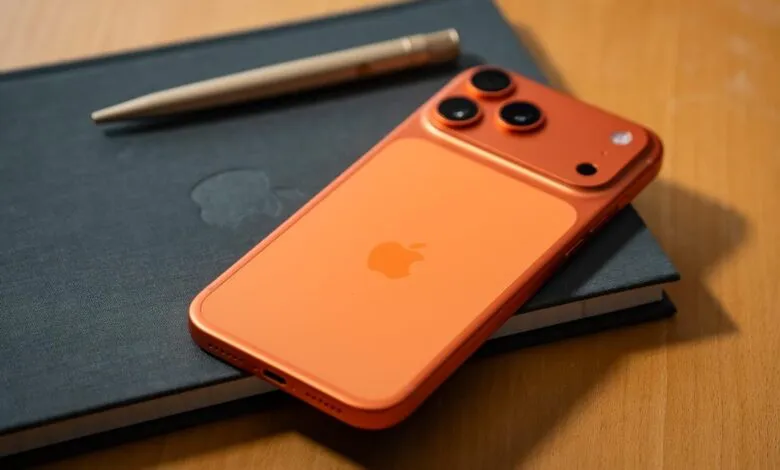 An orange iPhone with a triple-lens camera rests on a dark notebook next to a pen.
