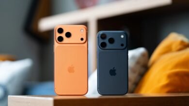 Two iPhones, one orange and one dark blue, displayed side-by-side.