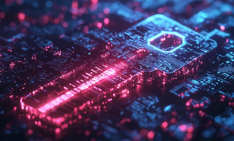 A digital key shape glowing with neon blue and pink light on a circuit board.