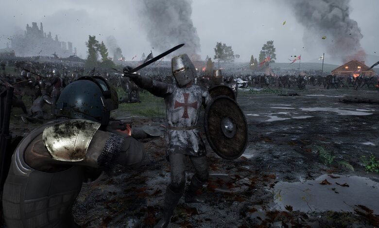 A medieval knight in armor with a red cross emblem fights on a battlefield.