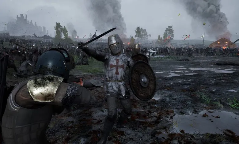A medieval knight in armor with a red cross emblem fights on a battlefield.
